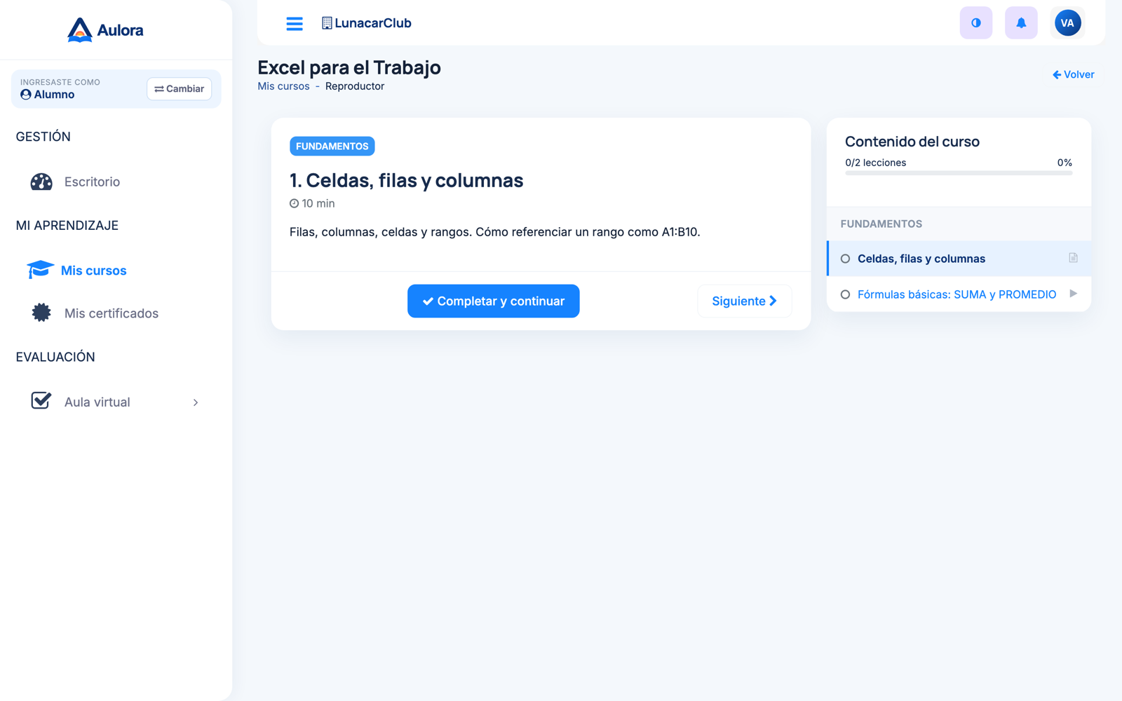 Aula virtual de Aulora: reproductor de curso con currículo lateral y avance del alumno